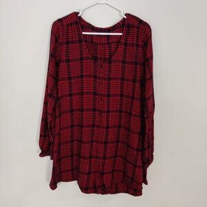 Volcom Women's Plaid Blouse Size L Cotton Red Black Casual Modest Lightweight